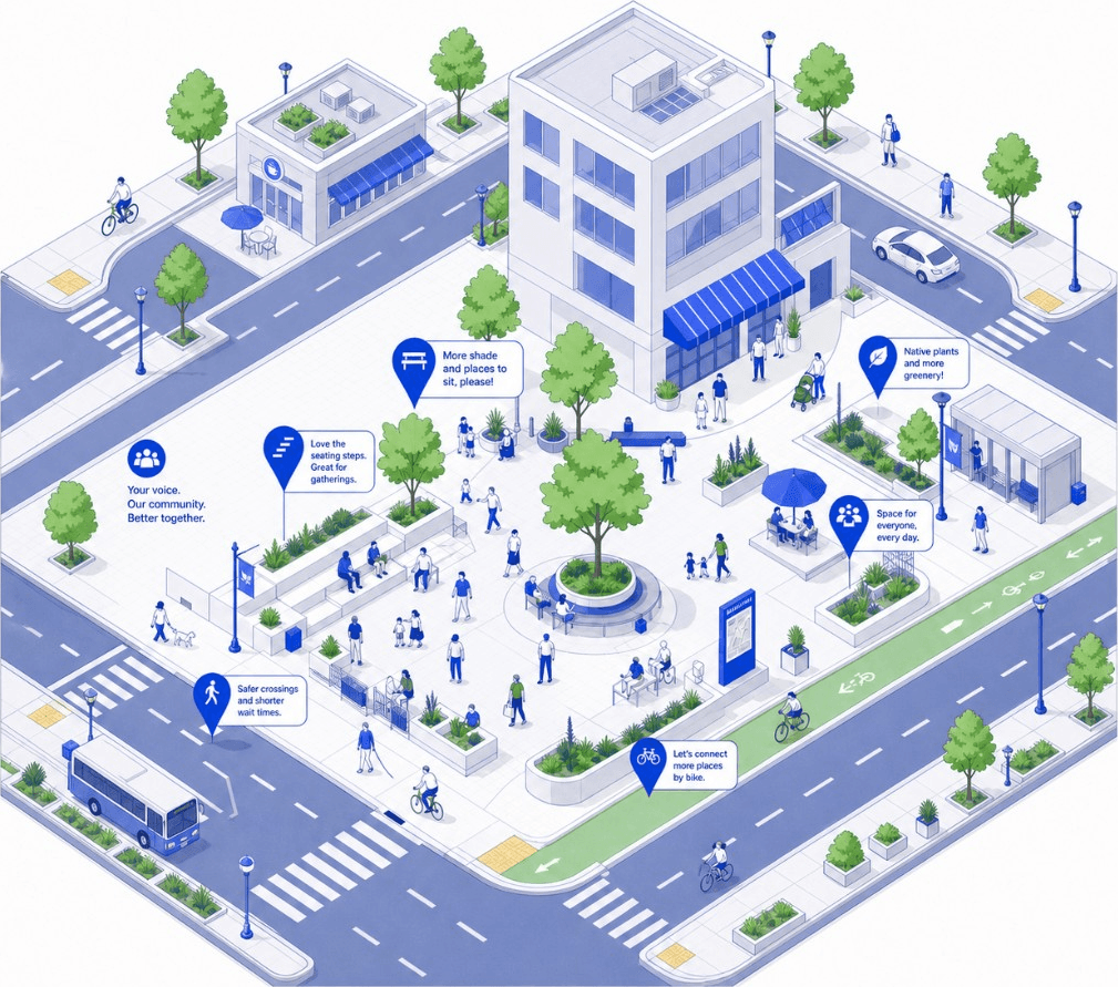 Urban plaza with community feedback connected to specific places — streets, seating, greenery and crossings.