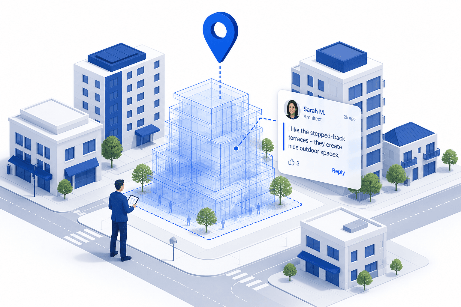 Isometric spatial proposal with a person exploring the environment and contextual comments connected to specific places in the project.