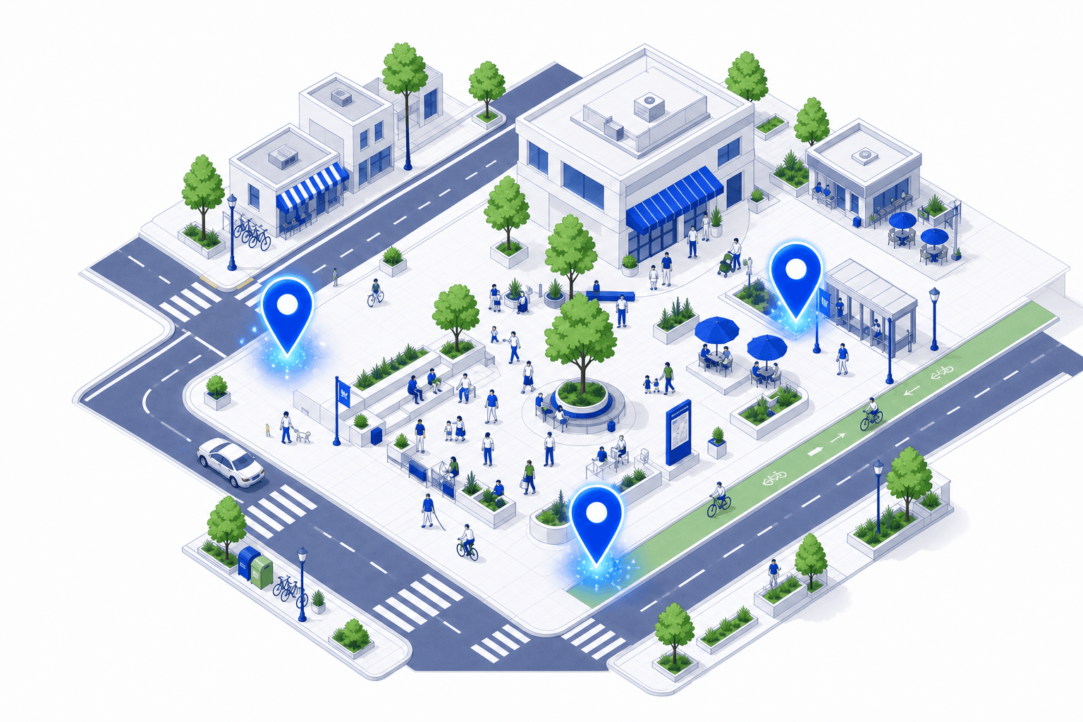 Isometric street intersection with blue location pins marking places where AI can explain the urban proposal in context.