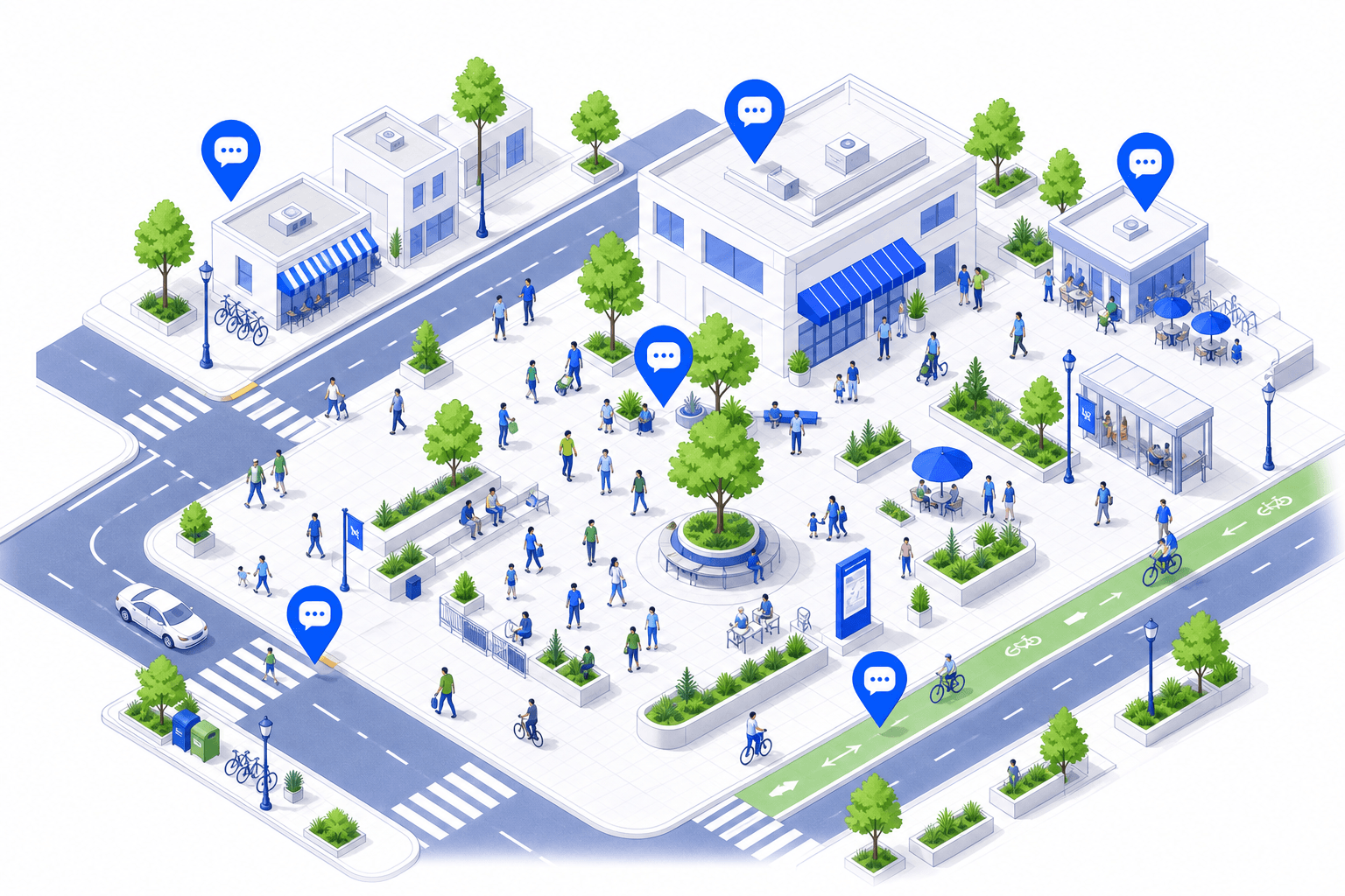 Isometric urban block with streets, public plaza, people exploring and blue location pins showing contextual feedback across the project.