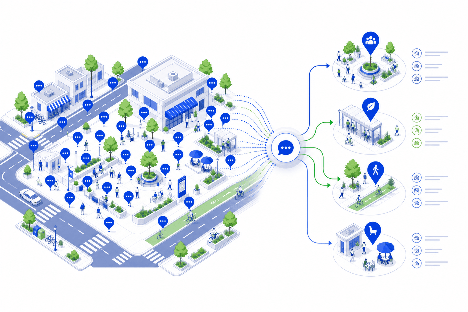 Spatial comments across a city model flowing into grouped themes and insight categories for better decision-making.
