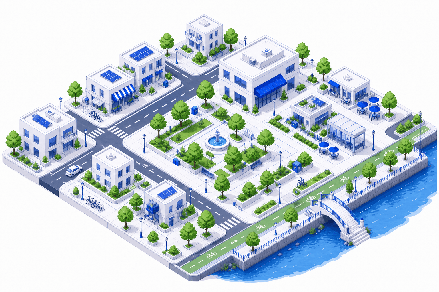 Compact isometric neighbourhood preview of a spatial urban project with streets, park, buildings and waterfront.