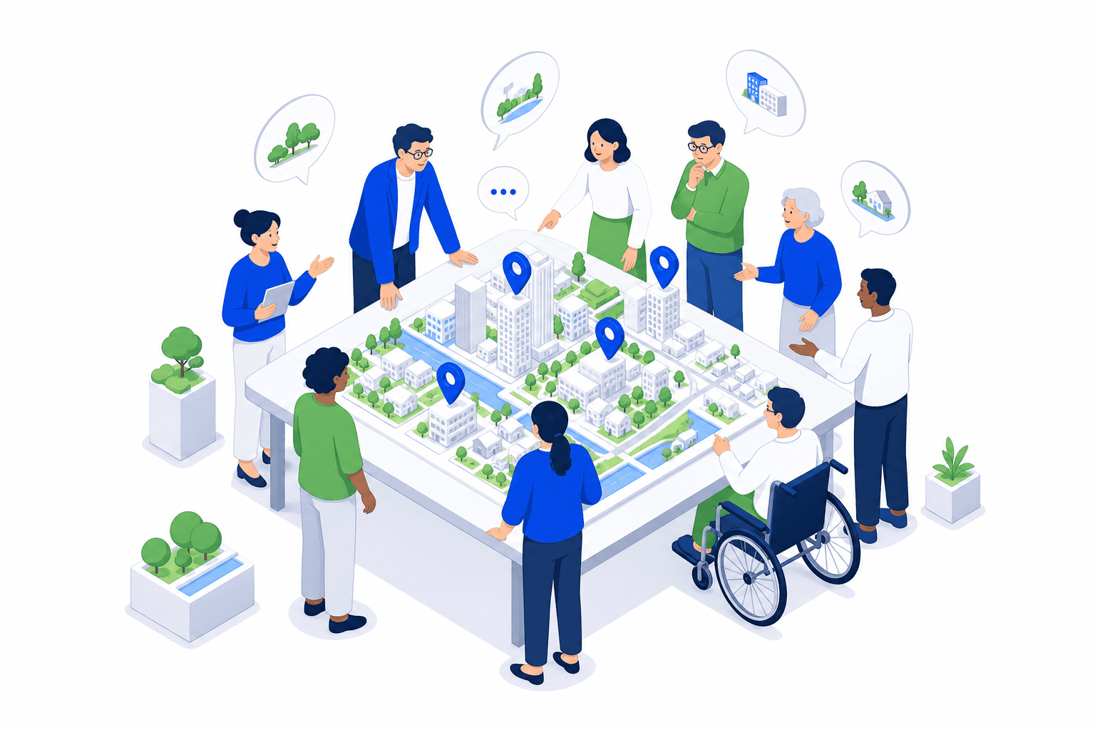 Diverse group gathered around an isometric neighbourhood model on a table, with speech bubbles about parks, housing and public space — a collaborative conversation about the city.