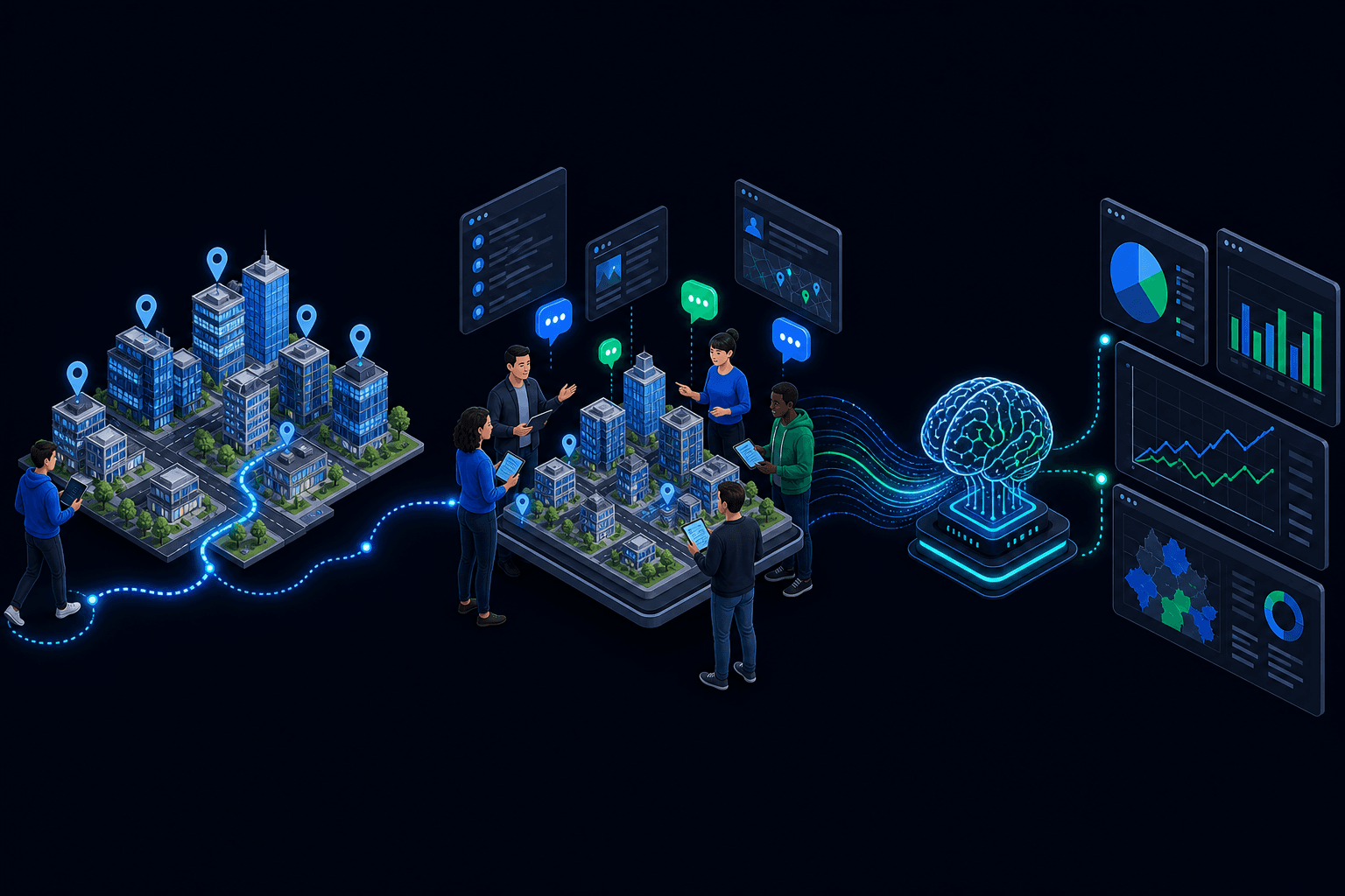 How Viewary works: explore the proposal, join the conversation, and understand the community — one connected flow from city exploration to collaboration to insights.